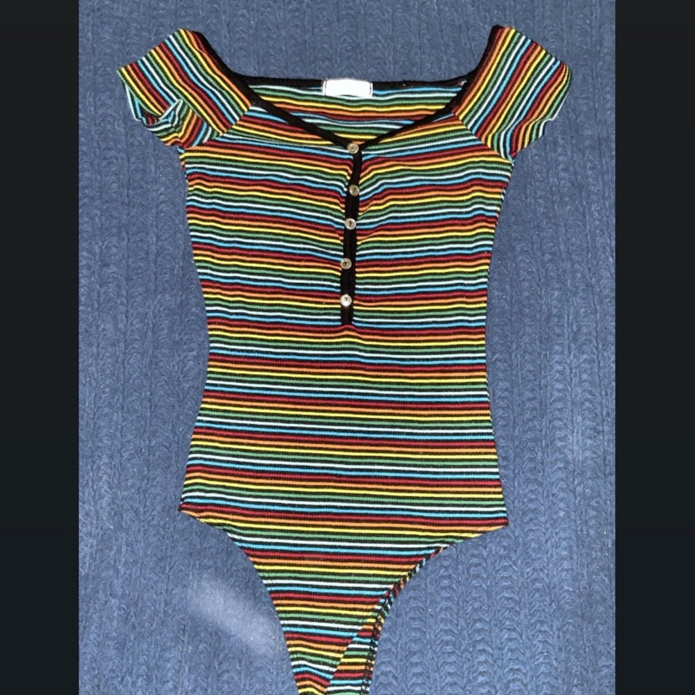 Rainbow striped button up body suit